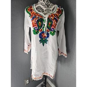 New Women's Sunflower Long Blouse Embroidered Floral 3/4 Sleeve Size 2X White